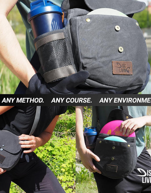 Load image into Gallery viewer, Disc Golf Bag | Frisbee Golf Bag | Easy to Carry | Lightweight Fits up to 10 Discs | 16 Oz Waxed Canvas Sturdy Design | Belt Loop | Double Button Design | Bottle Holder
