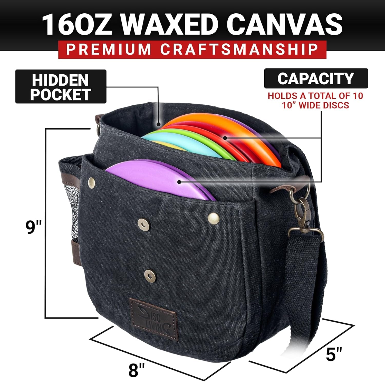 Disc Golf Bag | Frisbee Golf Bag | Easy to Carry | Lightweight Fits up to 10 Discs | 16 Oz Waxed Canvas Sturdy Design | Belt Loop | Double Button Design | Bottle Holder