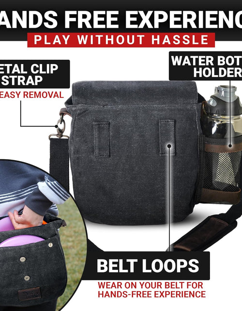 Load image into Gallery viewer, Disc Golf Bag | Frisbee Golf Bag | Easy to Carry | Lightweight Fits up to 10 Discs | 16 Oz Waxed Canvas Sturdy Design | Belt Loop | Double Button Design | Bottle Holder
